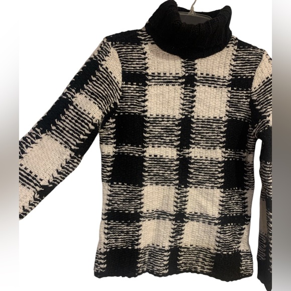 Talbots Black & White Plaid Turtleneck Sweater Wool Blend Pullover Knit Petite S - Picture 5 of 6